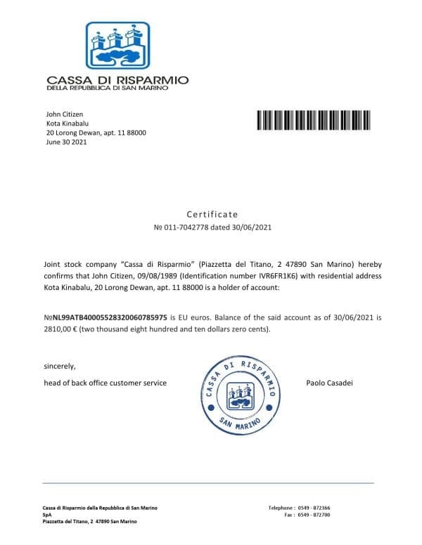 San Marino Cassa di Risparmio bank reference letter template in Word and PDF format