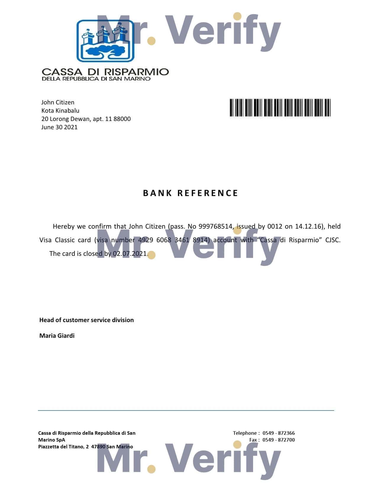 San Marino Cassa di Risparmio bank account closure reference letter template in Word and PDF format San Marino Cassa di Risparmio bank account closure reference letter template in Word and PDF format