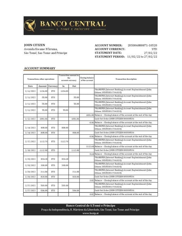Sao Tome and Principe Banco Central de S.Tome e Principe bank statement, Excel and PDF template