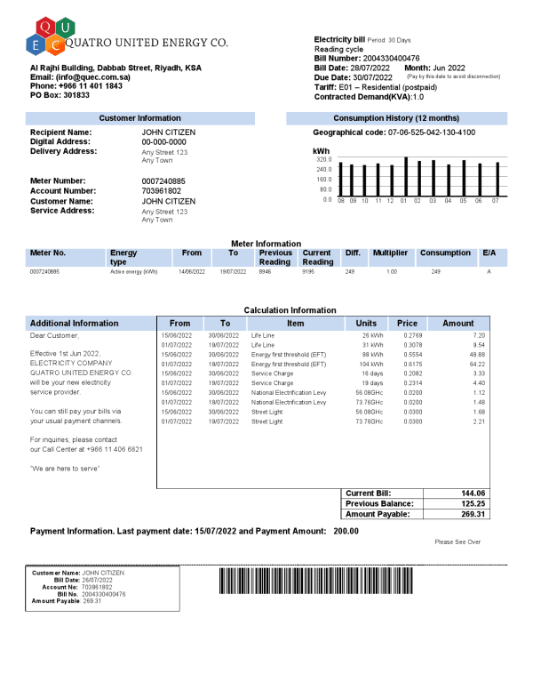 Saudi-Arabi-QUATRO-UNITED-ENERGY.png Saudi Quatro United Energy Co. utility bill, Word and PDF template