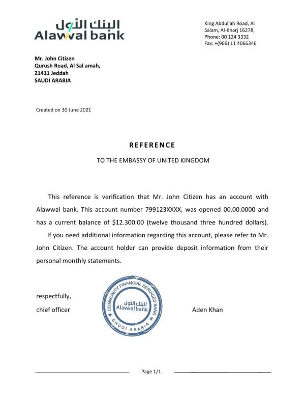 Saudi Arabia Alawwal Bank bank reference letter template in Word and PDF format