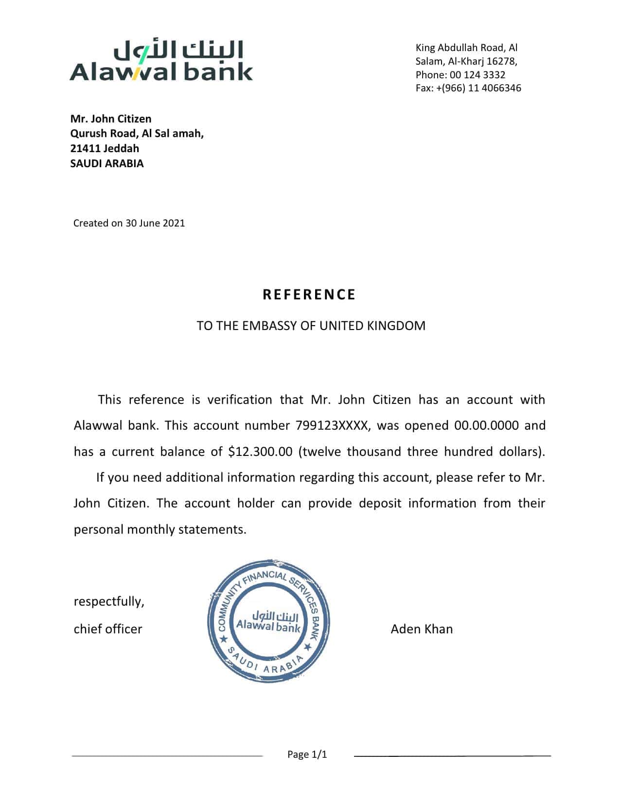 Saudi Arabia Alawwal Bank bank reference letter template in Word and PDF format Saudi Arabia Alawwal Bank bank reference letter template in Word and PDF format