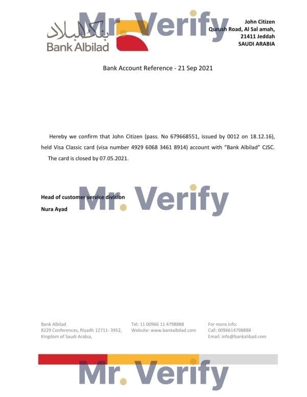 Saudi Arabia Albilad Bank bank account closure reference letter template in Word and PDF format Saudi Arabia Albilad Bank bank account closure reference letter template in Word and PDF format