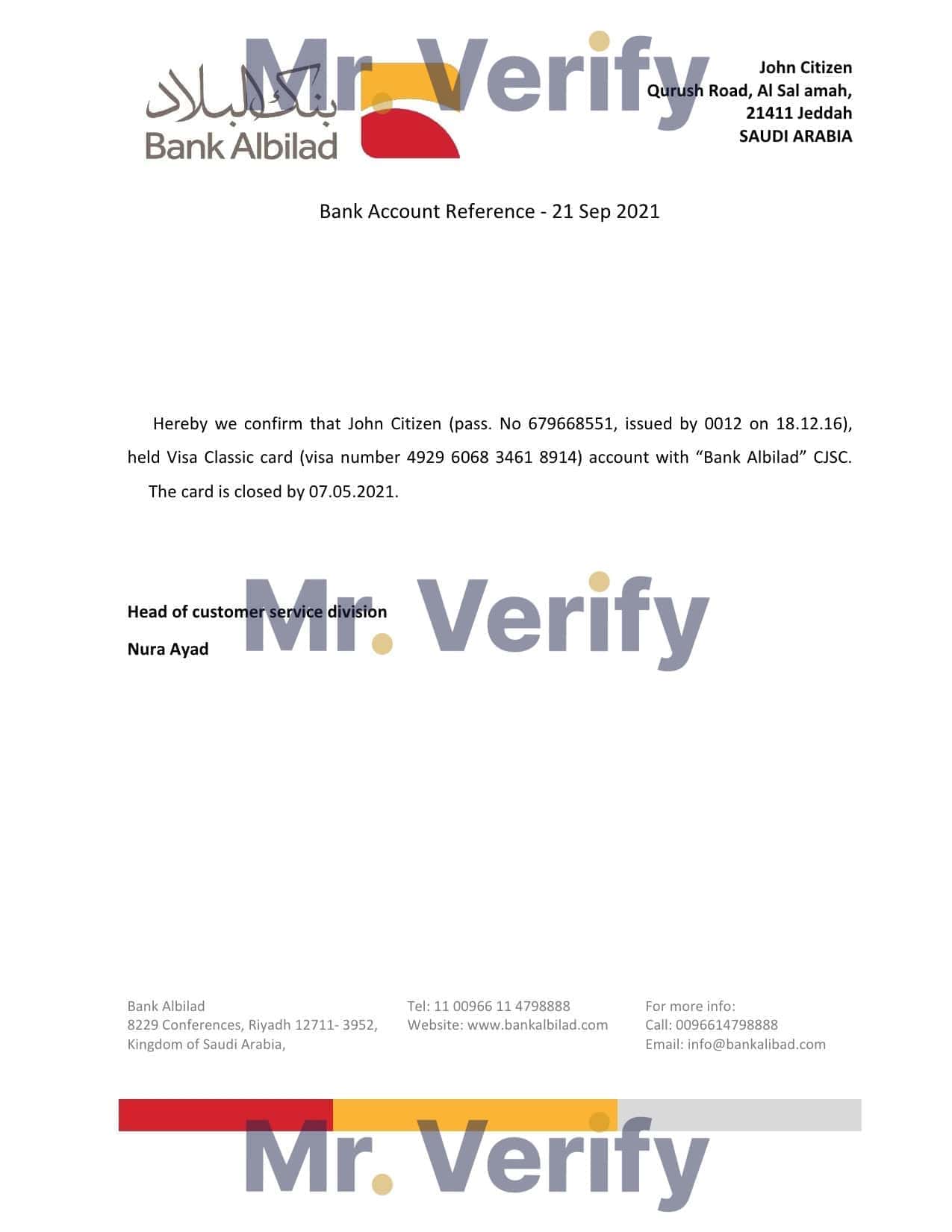 Saudi Arabia Albilad Bank bank account closure reference letter template in Word and PDF format Saudi Arabia Albilad Bank bank account closure reference letter template in Word and PDF format