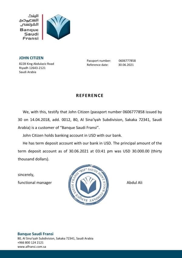 Saudi Arabia Banque Saudi Fransi bank reference letter template in Word and PDF format