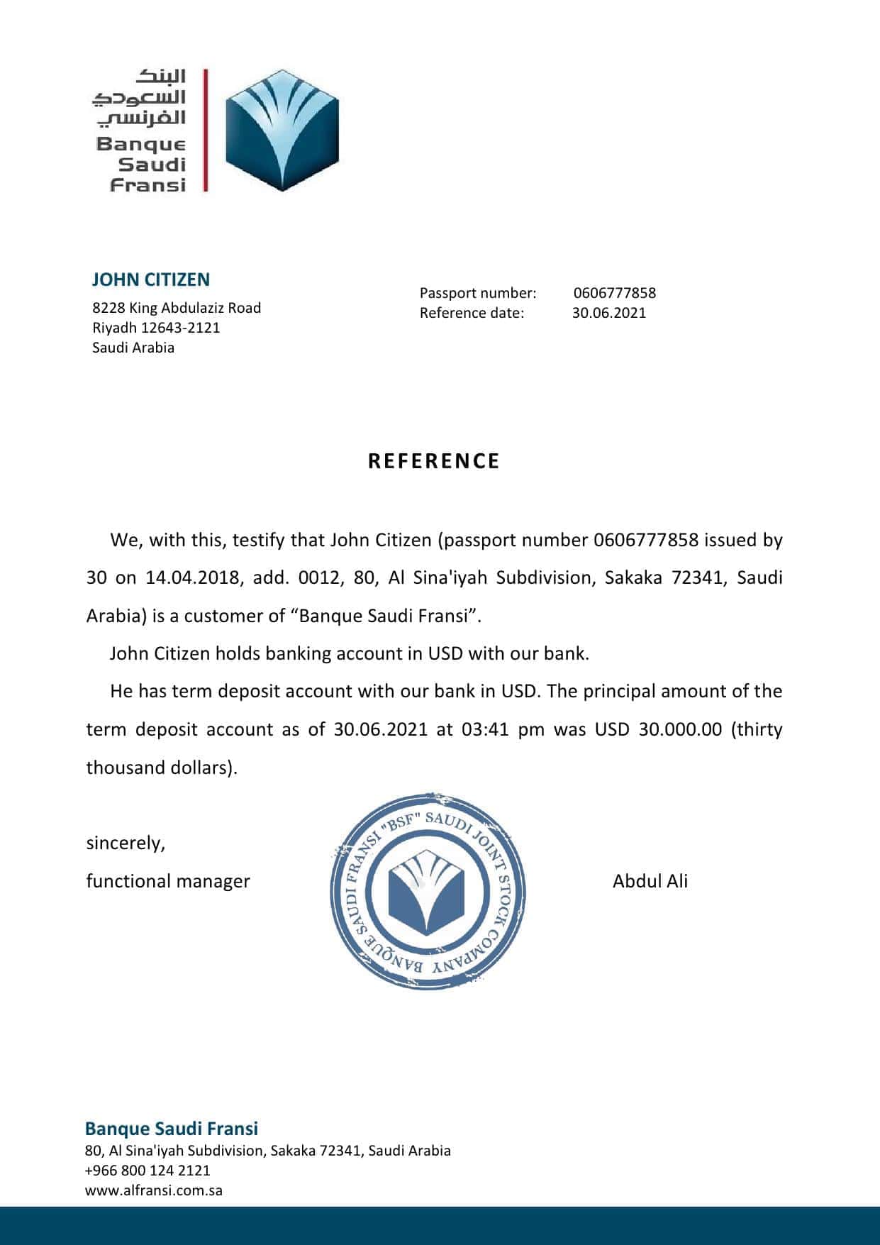 Saudi Arabia Banque Saudi Fransi bank reference letter template in Word and PDF format Saudi Arabia Banque Saudi Fransi bank reference letter template in Word and PDF format