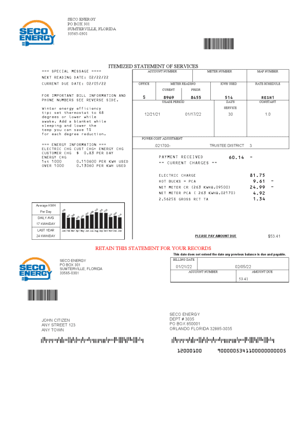 USA Florida Seco Energy utility bill template in Word and PDF format