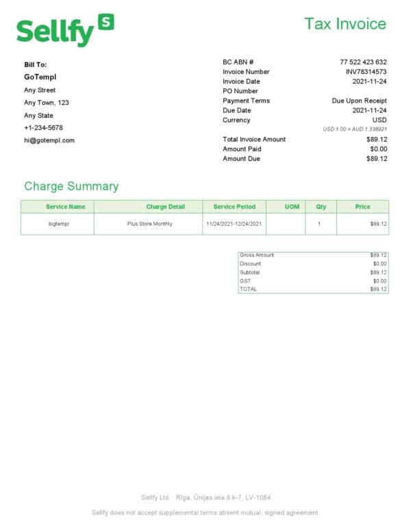 Sellfy Latvia Sellfy tax invoice template in Word and PDF format, fully editable