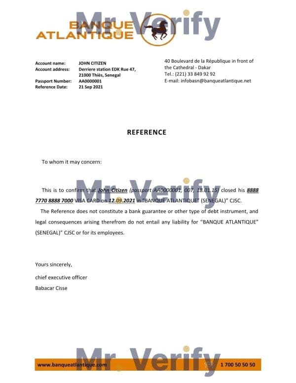 Senegal Banque Atlantique bank account closure reference letter template in Word and PDF format Senegal Banque Atlantique bank account closure reference letter template in Word and PDF format