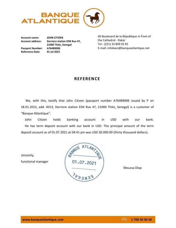 Senegal Banque Atlantique bank reference letter template in Word and PDF format
