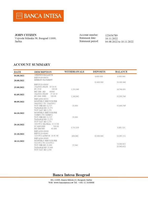 Serbia Banca Intesa bank statement template in Word and PDF format