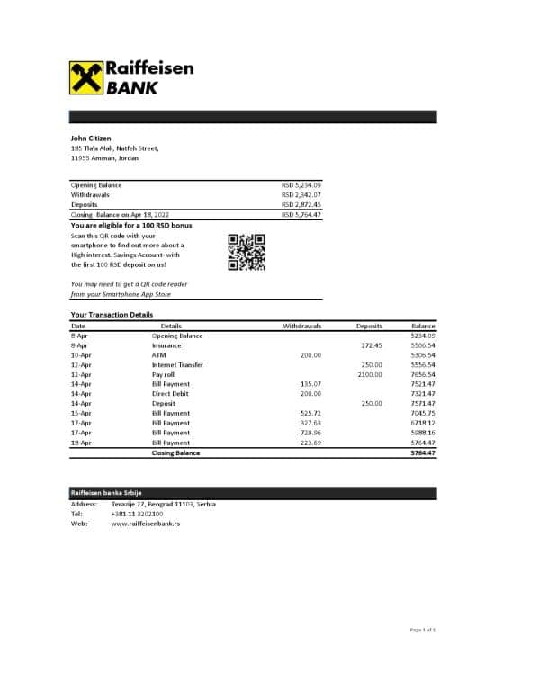 Serbia Raiffeisen bank statement, Excel and PDF template