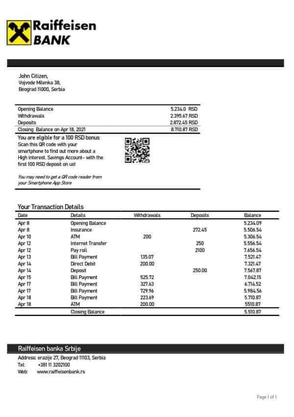 Serbia Raiffeisen bank statement template in Word and PDF format