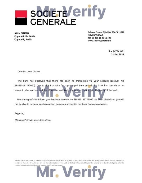 Serbia Societe Generale bank account closure reference letter template in Word and PDF format Serbia Societe Generale bank account closure reference letter template in Word and PDF format