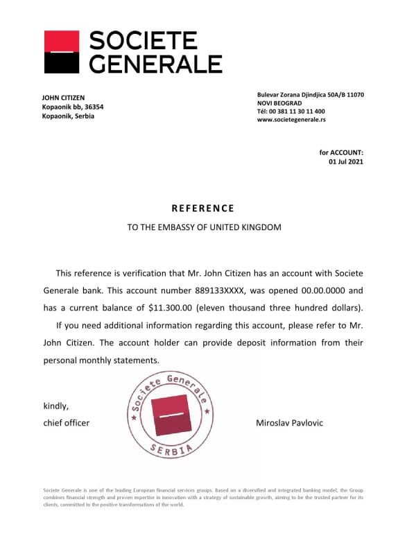 Serbia Societe Generale bank reference letter template in Word and PDF format