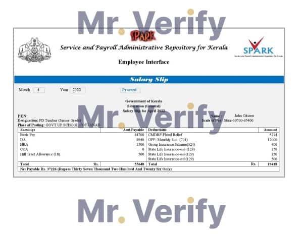 India Service and Payroll Administrative Repository for Kerala payroll company pay stub Word and PDF template