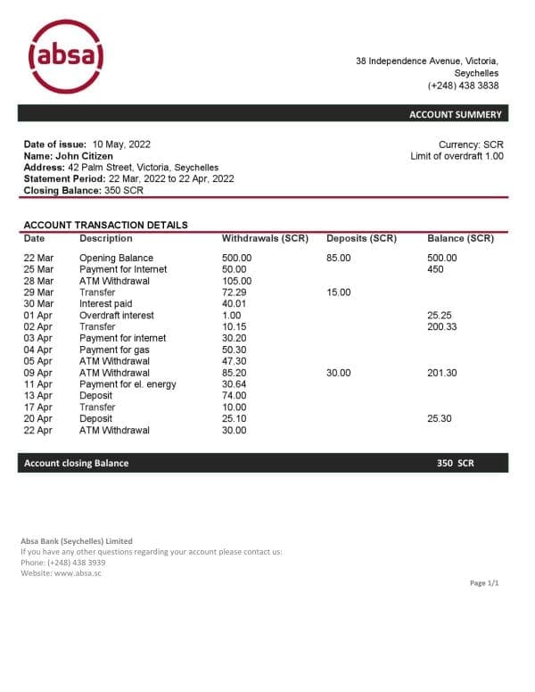 Seychelles ABSA bank statement template in Word and PDF format