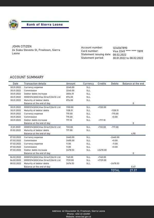 Sierra Leone Bank of Sierra Leone bank statement template in Word and PDF format