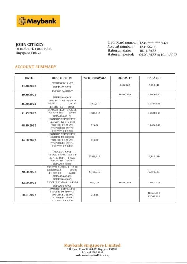 Singapore Maybank bank statement template in Word and PDF format