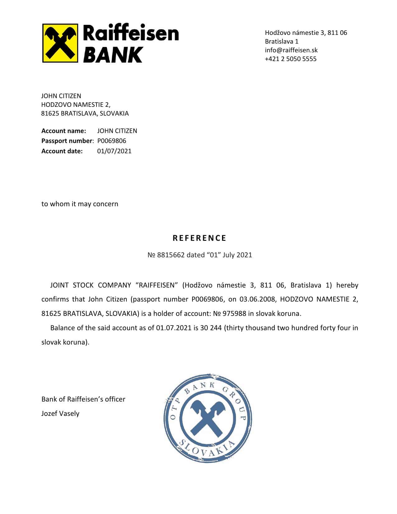 Slovakia Raiffeisen bank reference letter template in Word and PDF format Slovakia Raiffeisen bank reference letter template in Word and PDF format