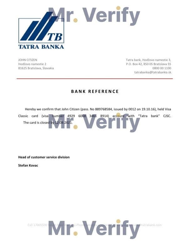 Slovakia Tatra Banka bank account closure reference letter template in Word and PDF format