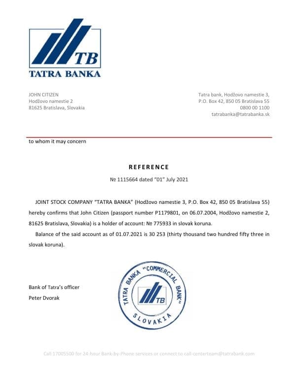 Slovakia Tatra Banka bank reference letter template in Word and PDF format
