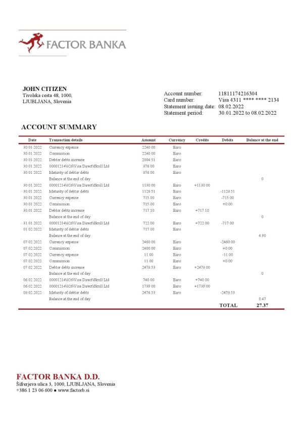 Slovenia Factor Banka bank statement in Word and PDF format