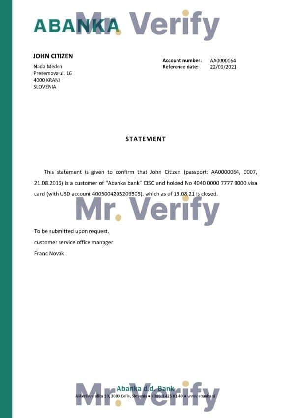 Slovenia Abanka bank account closure reference letter template in Word and PDF format