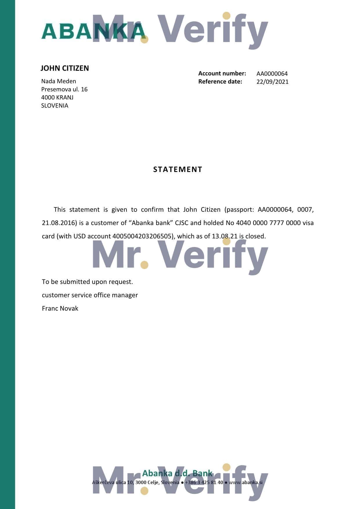 Slovenia Abanka bank account closure reference letter template in Word and PDF format Slovenia Abanka bank account closure reference letter template in Word and PDF format