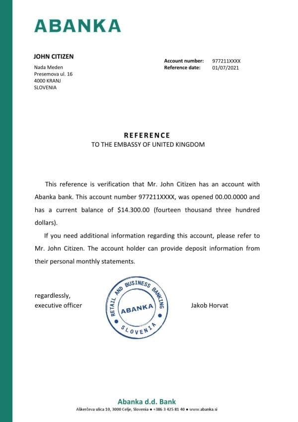 Slovenia Abanka bank reference letter template in Word and PDF format