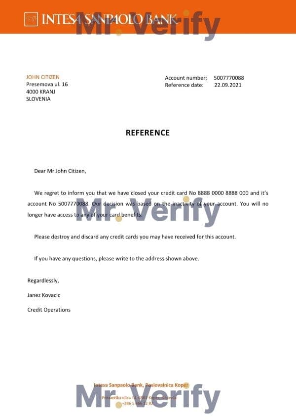 Slovenia Intesa Sanpaolo bank account closure reference letter template in Word and PDF format