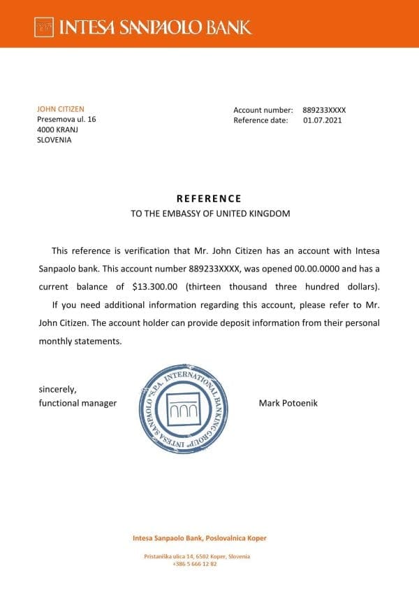 Slovenia Intesa Sanpaolo bank reference letter template in Word and PDF format