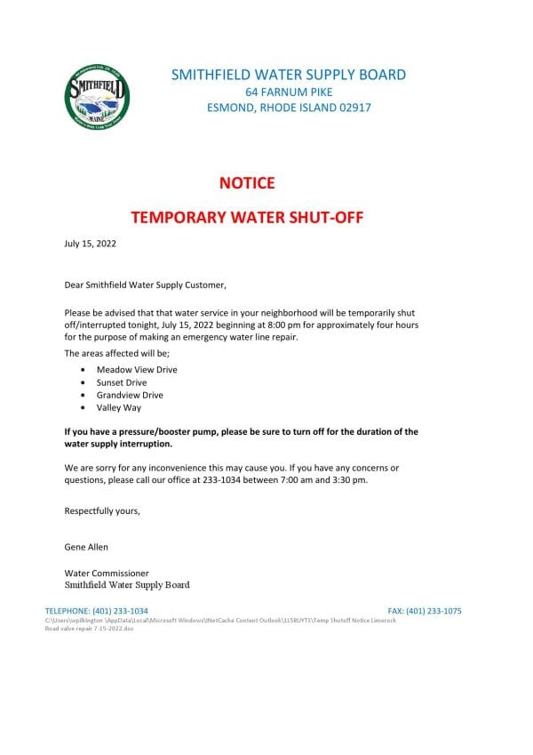 Smithfield-water-supply.jpg USA Rhode Island Smithfield water supply board water shut off notice, Word and PDF template