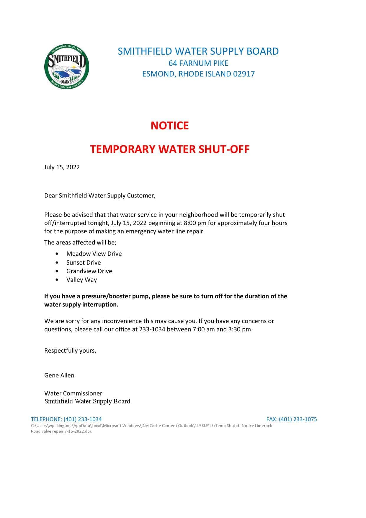 Smithfield-water-supply.jpg USA Rhode Island Smithfield water supply board water shut off notice, Word and PDF template