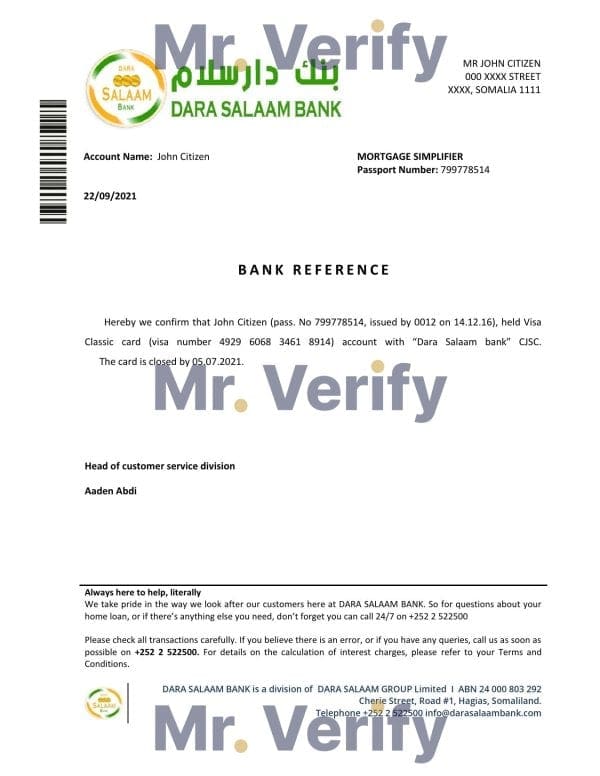 Somalia Dara Salaam Bank bank account closure reference letter template in Word and PDF format