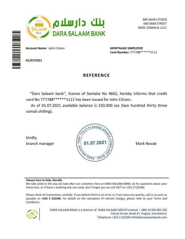 Somalia Dara Salaam Bank bank reference letter template in Word and PDF format