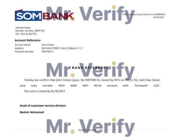 Somalia Sombank bank account closure reference letter template in Word and PDF format