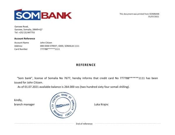 Somalia Sombank bank reference letter template in Word and PDF format