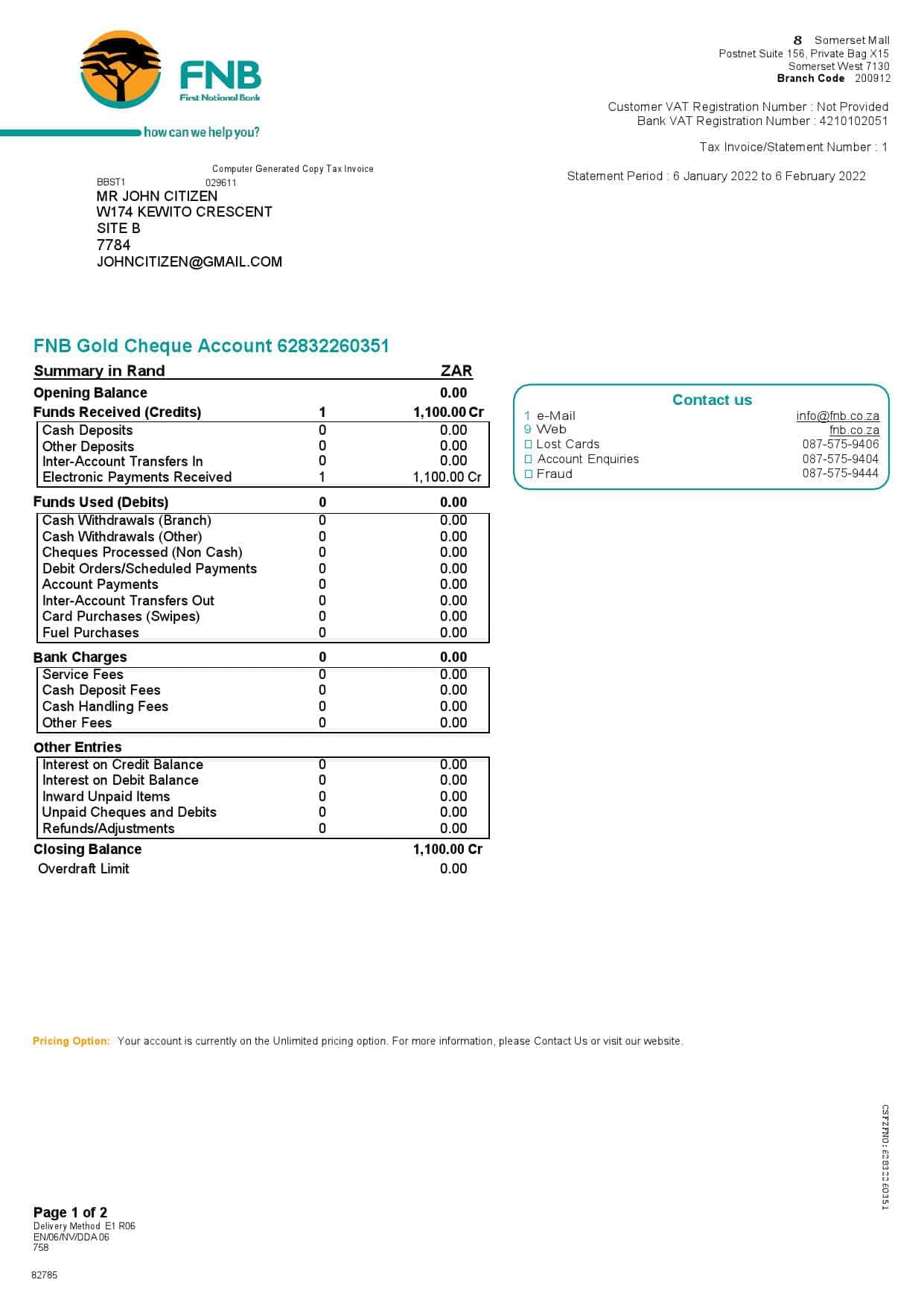 South-Africa-First-National-Bank-FNB-bank-statement-Word-and-PDF-template-2-pages-1.jpg South Africa First National Bank (FNB) bank statement, Word and PDF template, 2 pages
