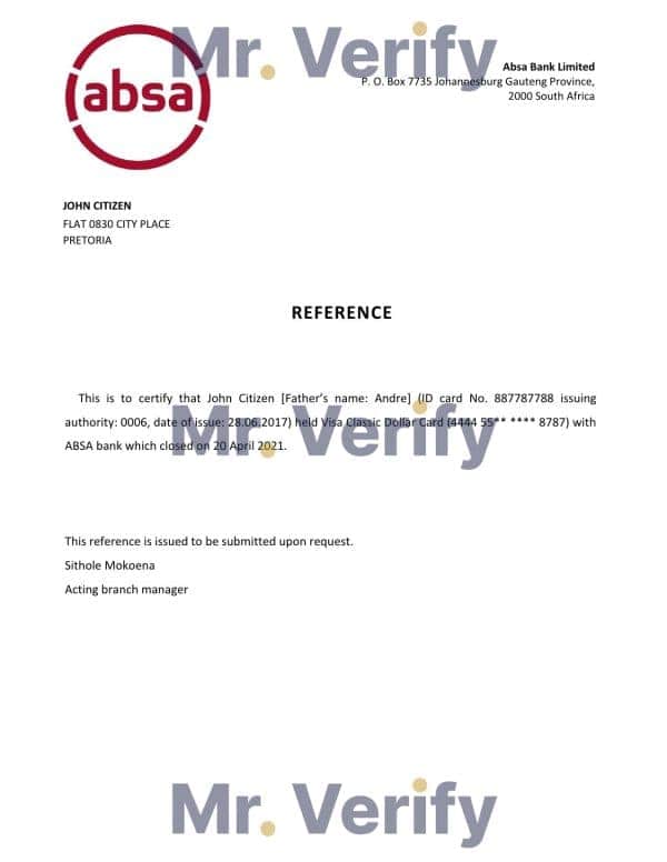 South Africa ABSA bank account closure reference letter template in Word and PDF format South Africa ABSA bank account closure reference letter template in Word and PDF format