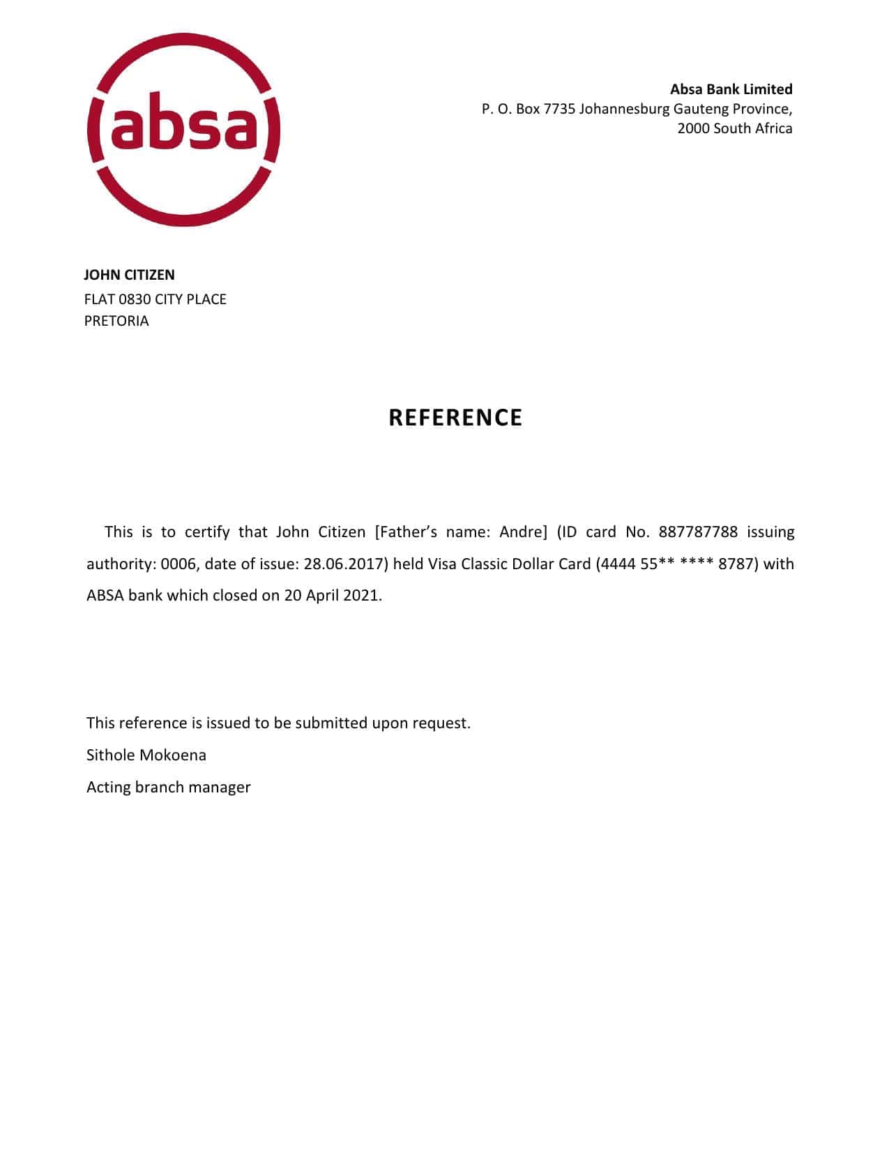 South Africa ABSA bank reference letter template in Word and PDF format South Africa ABSA bank reference letter template in Word and PDF format