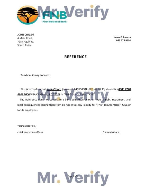 South Africa FNB bank account closure reference letter template in Word and PDF format South Africa FNB bank account closure reference letter template in Word and PDF format