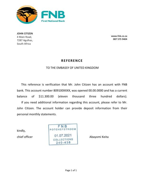 South Africa FNB bank reference letter template in Word and PDF format