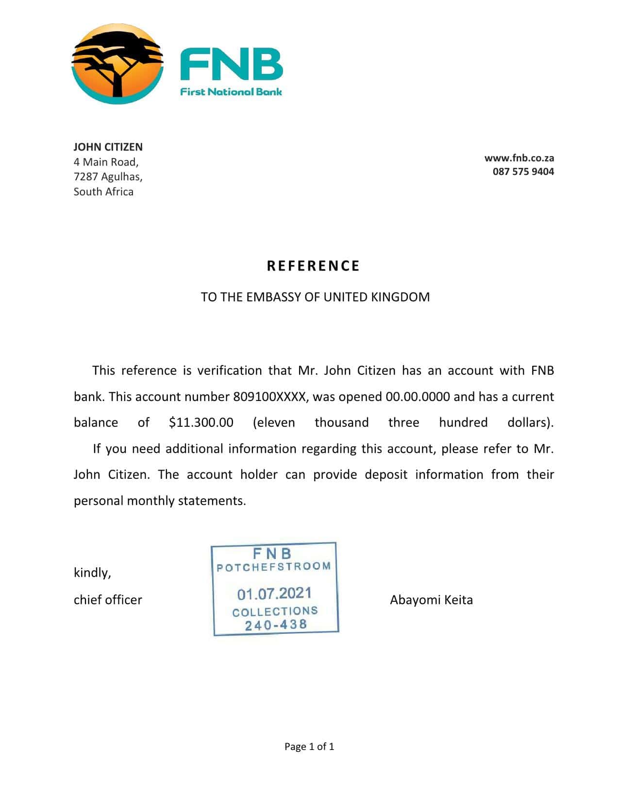 South Africa FNB bank reference letter template in Word and PDF format South Africa FNB bank reference letter template in Word and PDF format