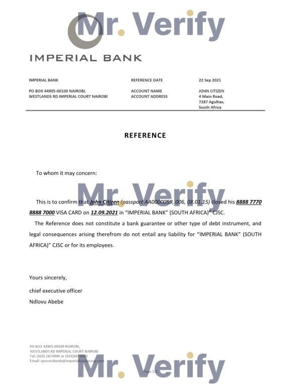 South Africa Imperial Bank bank account closure reference letter template in Word and PDF format South Africa Imperial Bank bank account closure reference letter template in Word and PDF format
