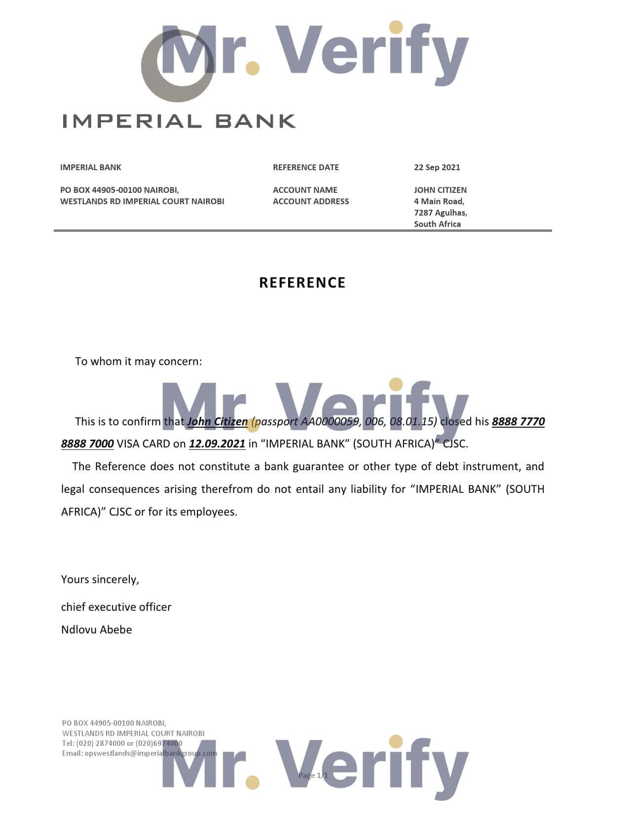 South Africa Imperial Bank bank account closure reference letter template in Word and PDF format South Africa Imperial Bank bank account closure reference letter template in Word and PDF format