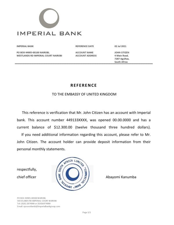 South Africa Imperial Bank bank reference letter template in Word and PDF format
