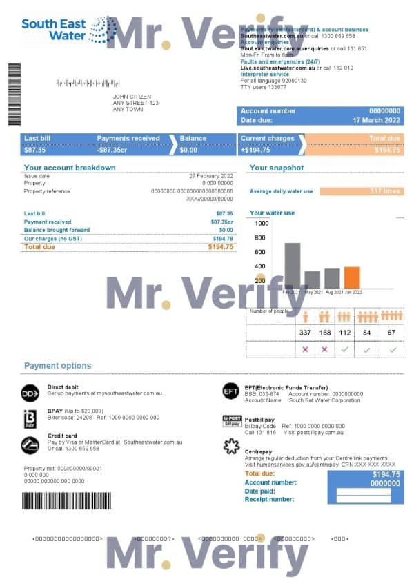 Australia South East Water utility bill template in Word and PDF format