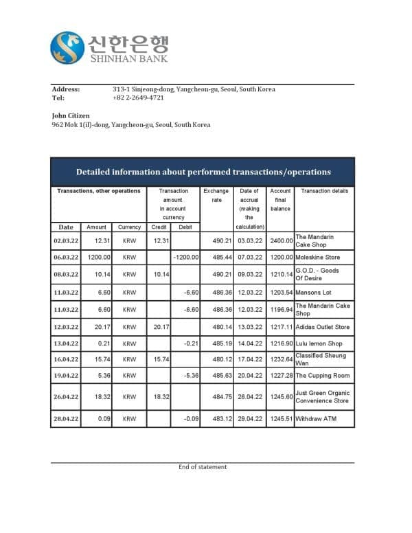South Korea Shinhan bank statement, Excel and PDF template