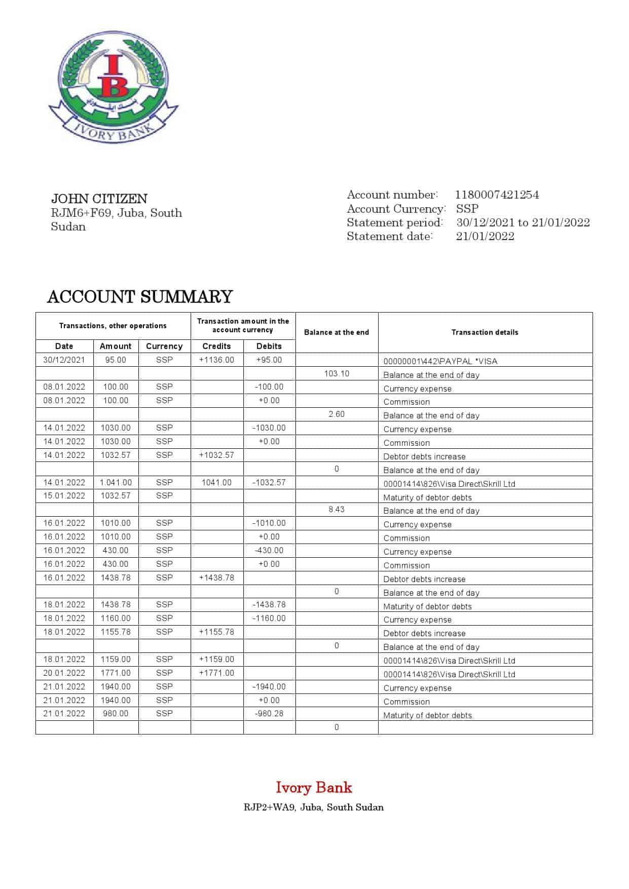 South-Sudan-Ivory-Bank-bank-statement-template-in-Word-and-PDF-format.jpg South Sudan Ivory Bank bank statement template in Word and PDF format